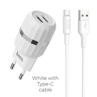 СЗУ HOCO C41A Wisdom, 2.4A, белый, двойной USB + кабель Type-C