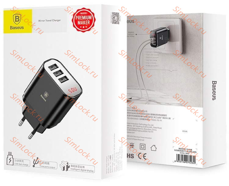 СЗУ Baseus Mirror Lake Intelligent Digital Display 3 USB, 3.4A, черный, CCALL-BH01