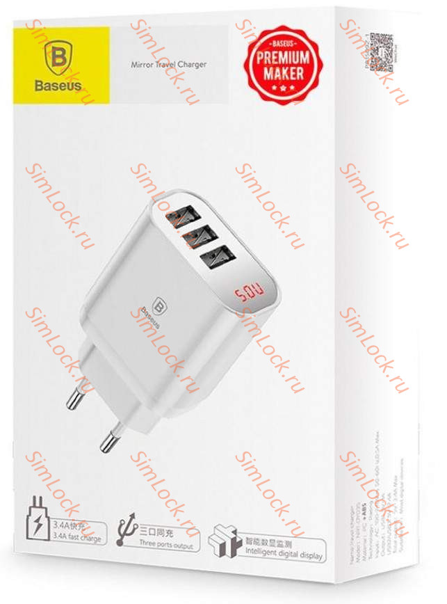 СЗУ Baseus Mirror Lake Intelligent Digital Display 3 USB, 3.4A, белый, CCALL-BH02