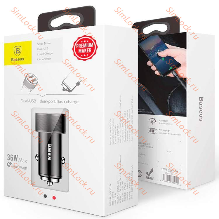 АЗУ Baseus Small Screw Dual-USB Quick Charge Car Charger 36W, черный, CAXLD-B01