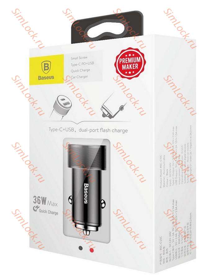 АЗУ Baseus Small Screw Type-C PD+USB Quick Charge Car Charger 36W, черный, CAXLD-A01