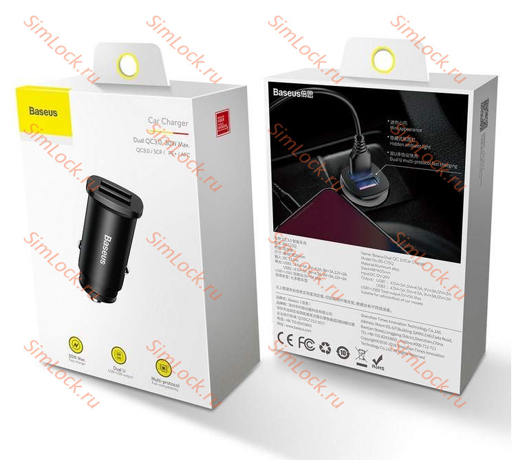 АЗУ Baseus Square metal A+A 30W Dual QC3.0 Quick Car Charger, QC3.0, SCP, FCP, AFC, черный, CCALL-DS01