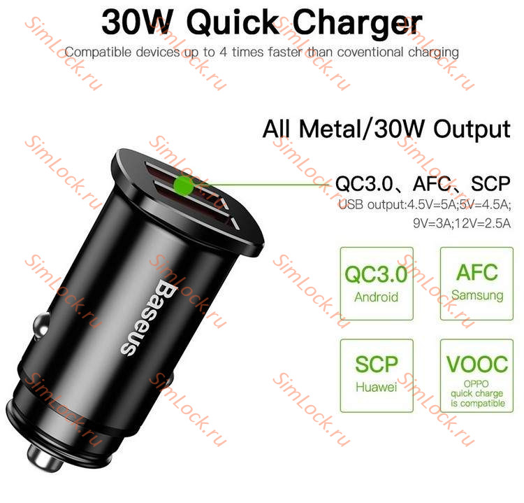 АЗУ Baseus Square metal A+A 30W Dual QC3.0 Quick Car Charger, QC3.0, SCP, FCP, AFC, черный, CCALL-DS01
