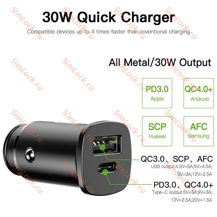 АЗУ Baseus Square metal A+C 30W PPS Car Charger, PD3.0, QC4.0, SCP, FCP, AFC, черный, CCALL-AS01