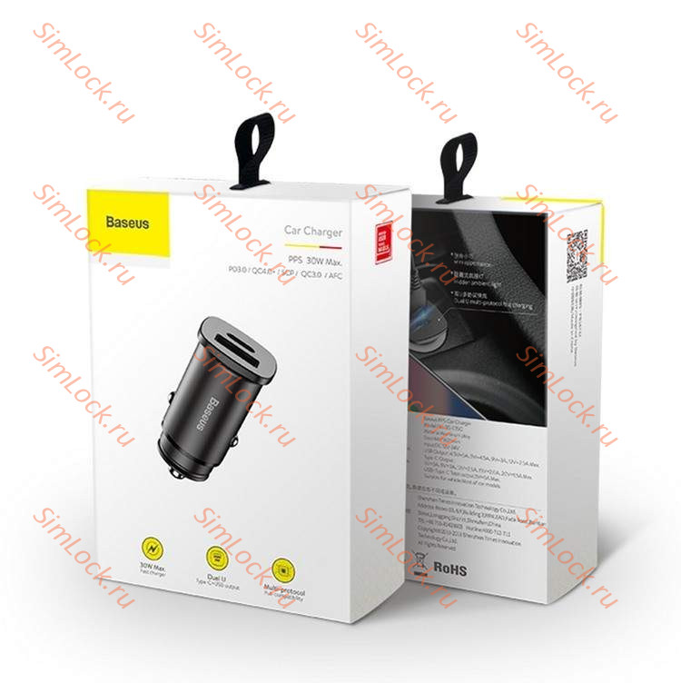 АЗУ Baseus Square metal A+C 30W PPS Car Charger, PD3.0, QC4.0, SCP, FCP, AFC, черный, CCALL-AS01