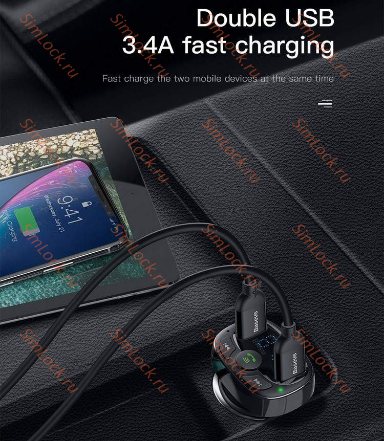 АЗУ с FM трансмиттером Baseus T typed Bluetooth MP3 charger Standart Edition, черный, CCTM-01