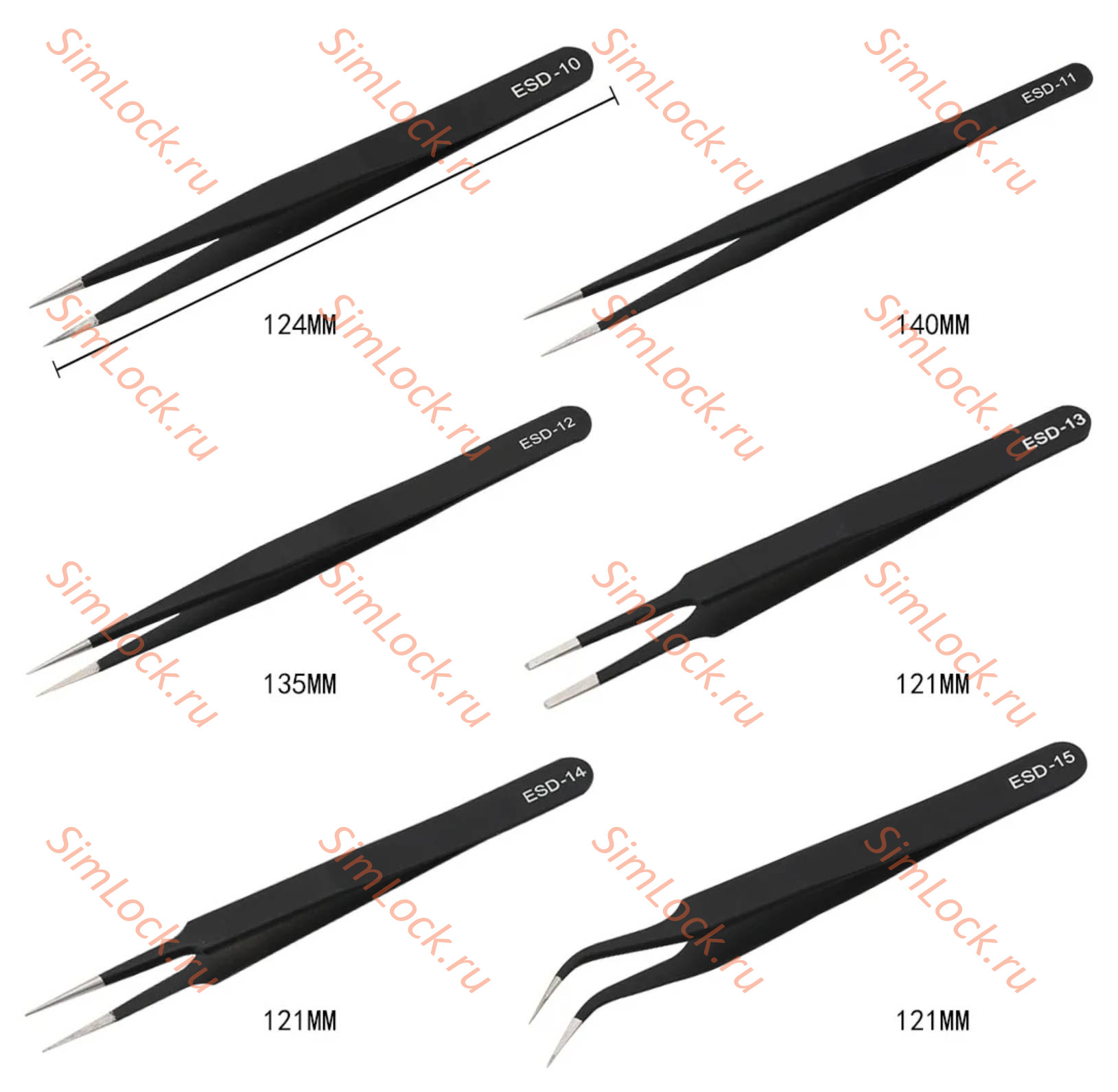 Набор пинцетов ESD из 6 штук с антистатическим покрытием