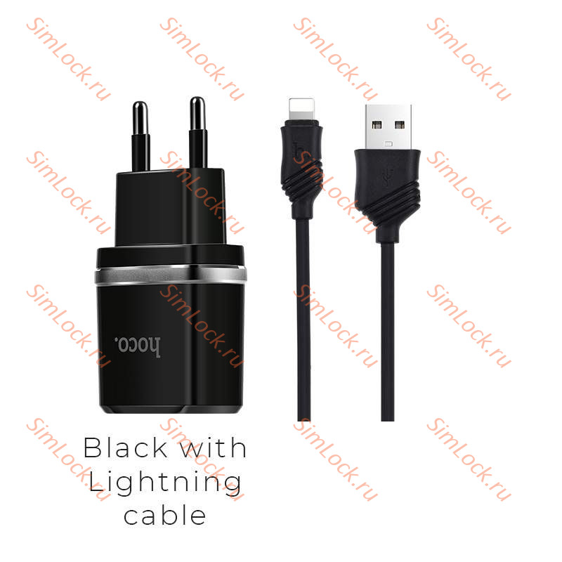 СЗУ HOCO C12 Smart, 2.4A, черный, двойной USB + кабель Lightning + кабель microUSB