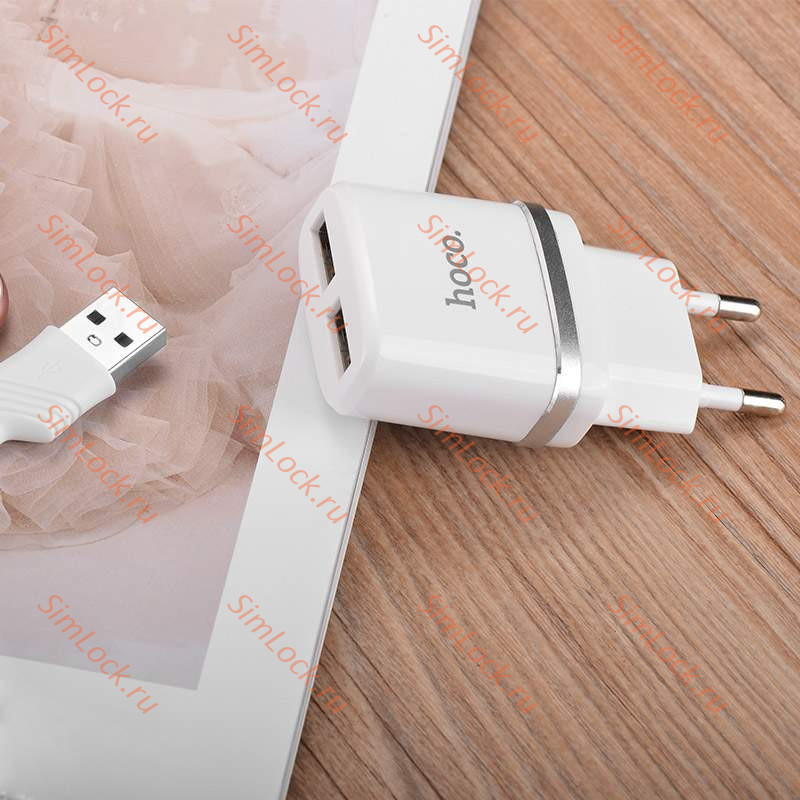 СЗУ HOCO C12 Smart, 2.4A, белый, двойной USB + кабель Lightning