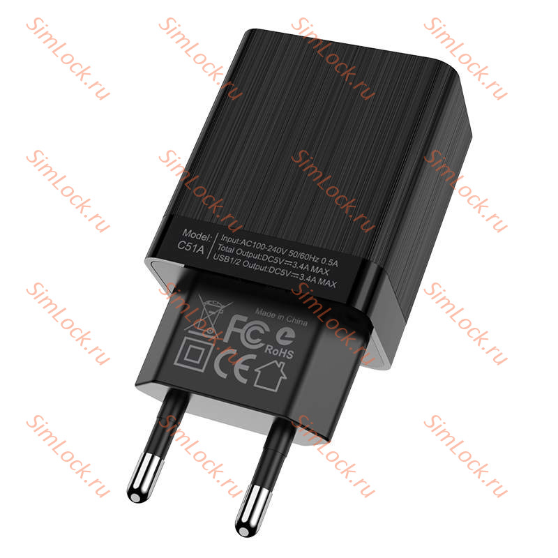 СЗУ HOCO C51A Prestige, 3.4A, черный, двойной USB