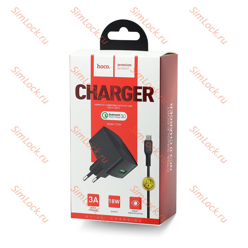 СЗУ HOCO C70A, 3A, черный, 18W, QC3.0 / QC2.0 + кабель microUSB