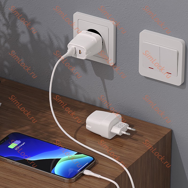 СЗУ HOCO C85A Bright, 3A, белый, USB QC3.0 и Type-C PD20W