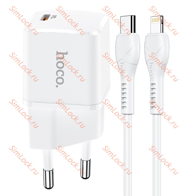 СЗУ HOCO N10 Starter, белый, USB-C PD20W + Кабель Type-C - Lightning