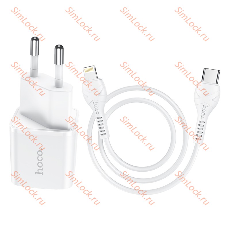 СЗУ HOCO N10 Starter, белый, USB-C PD20W + Кабель Type-C - Lightning