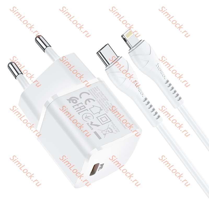 СЗУ HOCO N10 Starter, белый, USB-C PD20W + Кабель Type-C - Lightning