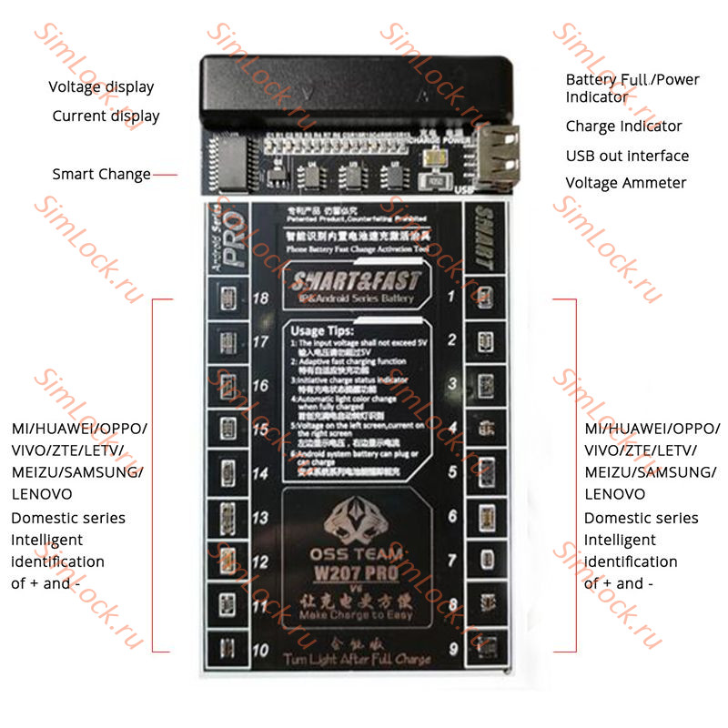 Плата OSS W207 Pro V6 для активации и зарядки аккумуляторов Android, 18 разъемов