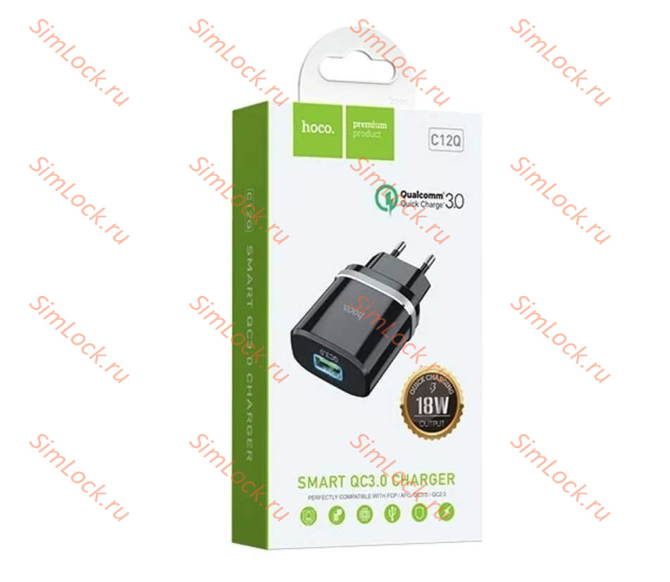 СЗУ HOCO C12Q Smart, 3A, черный, 18W, QC3.0 / QC2.0 + кабель Type-C