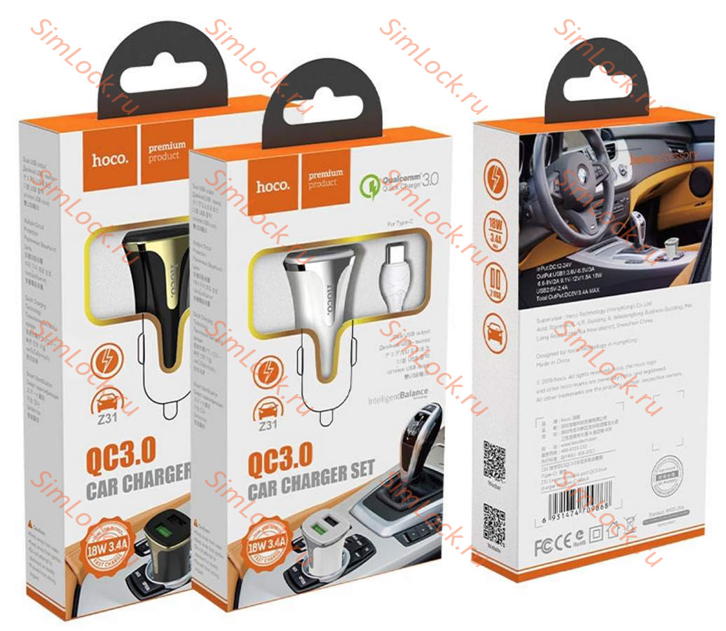 АЗУ Hoco Z31, 3A, 18W, двойной USB, QC2.0, QC3.0, SCP, AFC + кабель Type-C, черный