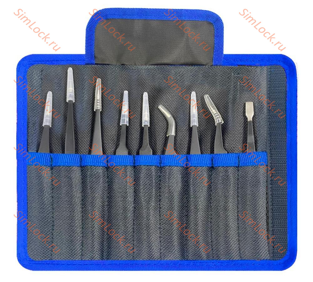 Набор пинцетов ESD из 9 штук с антистатическим покрытием в чехле