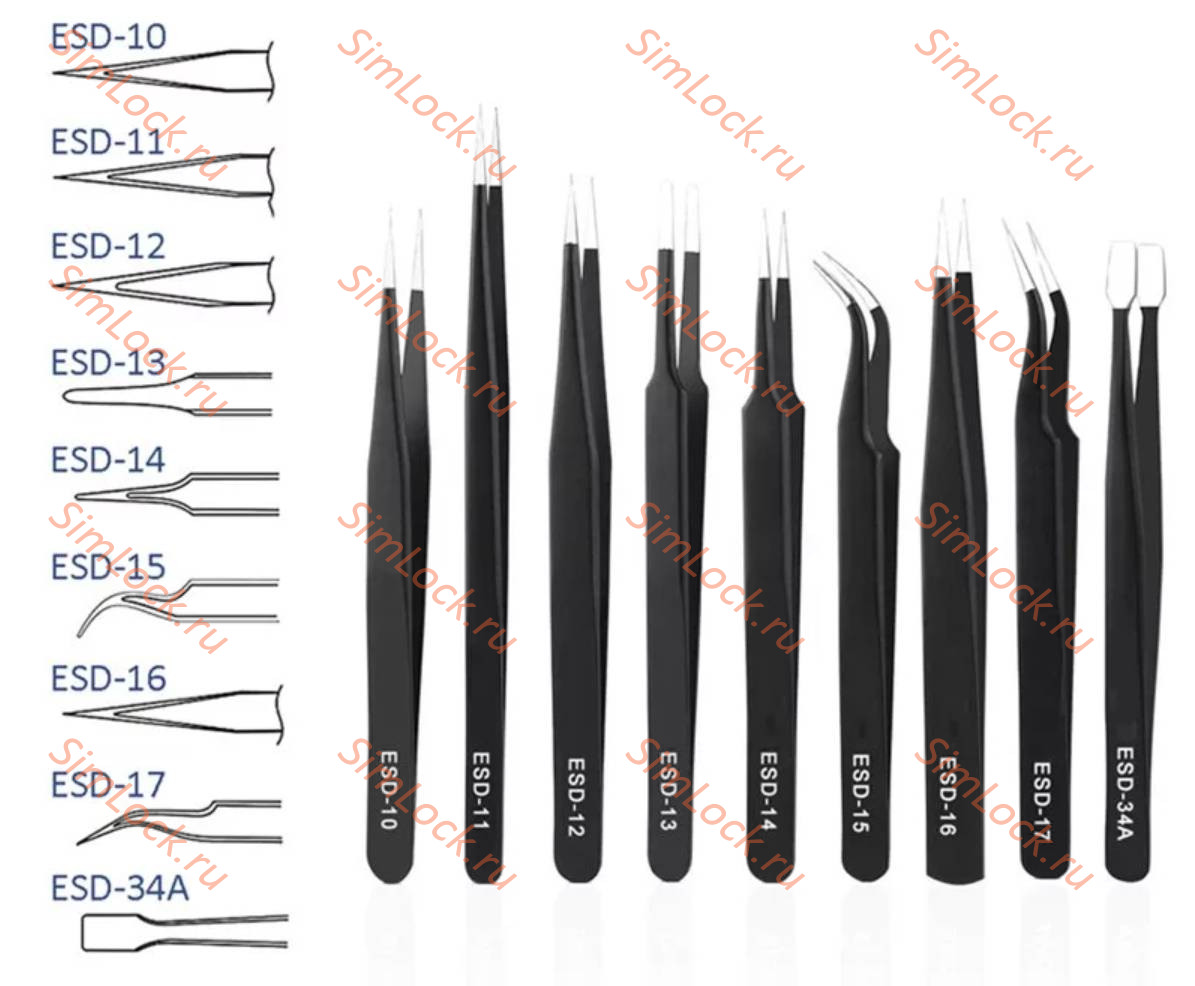 Набор пинцетов ESD из 9 штук с антистатическим покрытием в чехле