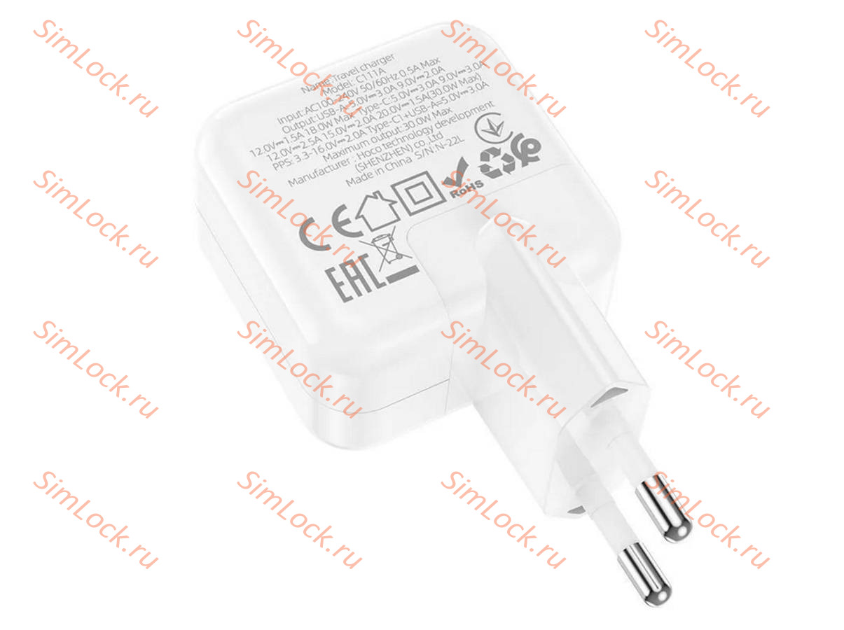 СЗУ HOCO C111A Lucky, белый, USB-A 18W QC3.0 и Type-C PD30W