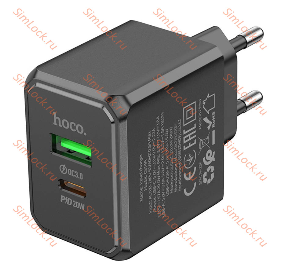 СЗУ HOCO CS14A Ocean, черный, USB-A 18W QC3.0 и Type-C PD20W