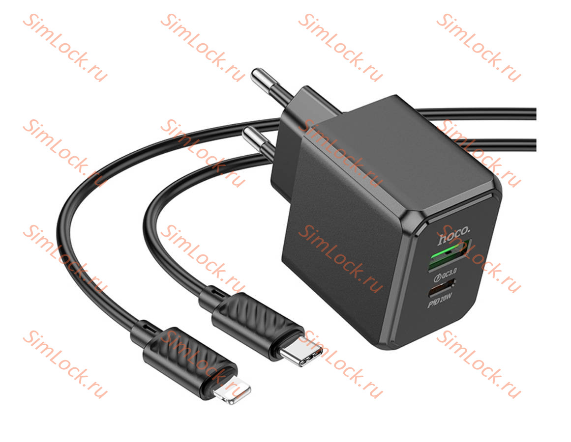 СЗУ HOCO CS14A Ocean, черный, USB-A 18W QC3.0 и Type-C PD20W + Кабель Type-C - Lightning