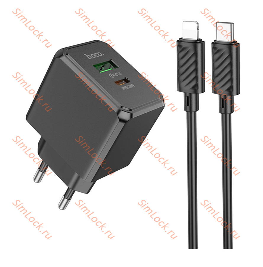 СЗУ HOCO CS14A Ocean, черный, USB-A 18W QC3.0 и Type-C PD20W + Кабель Type-C - Lightning