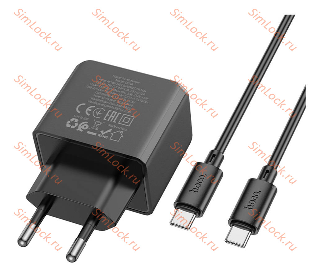 СЗУ HOCO CS14A Ocean, черный, USB-A 18W QC3.0 и USB-C PD20W + Кабель Type-C - Type-C
