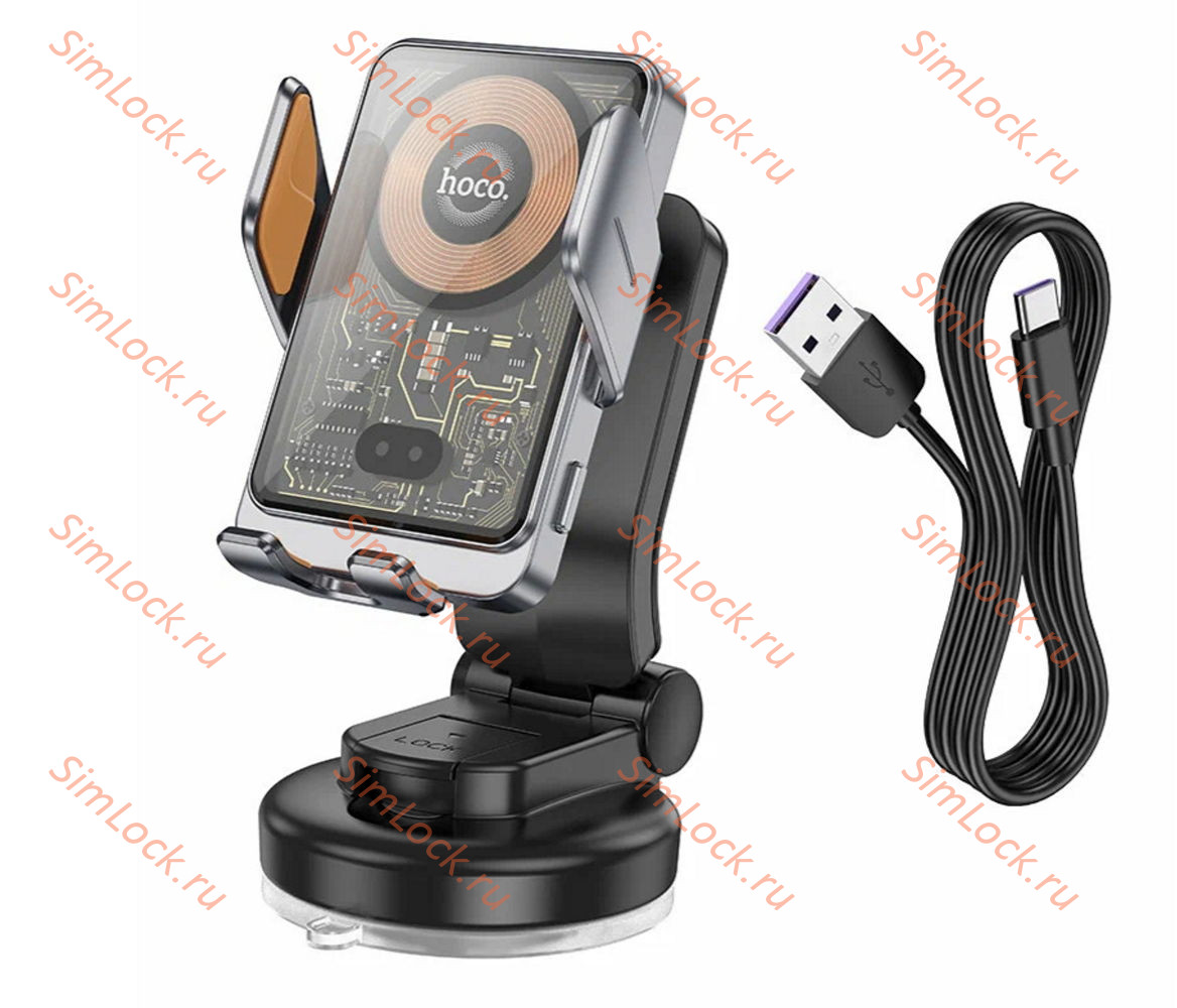 Автомобильный держатель Hoco HW8, на приборную панель, с беспроводной зарядкой 15W, прозрачный, серый металлик