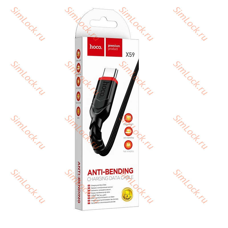 Кабель USB - Type-C HOCO X59, 3A, тканевая оплетка, 100см, черный
