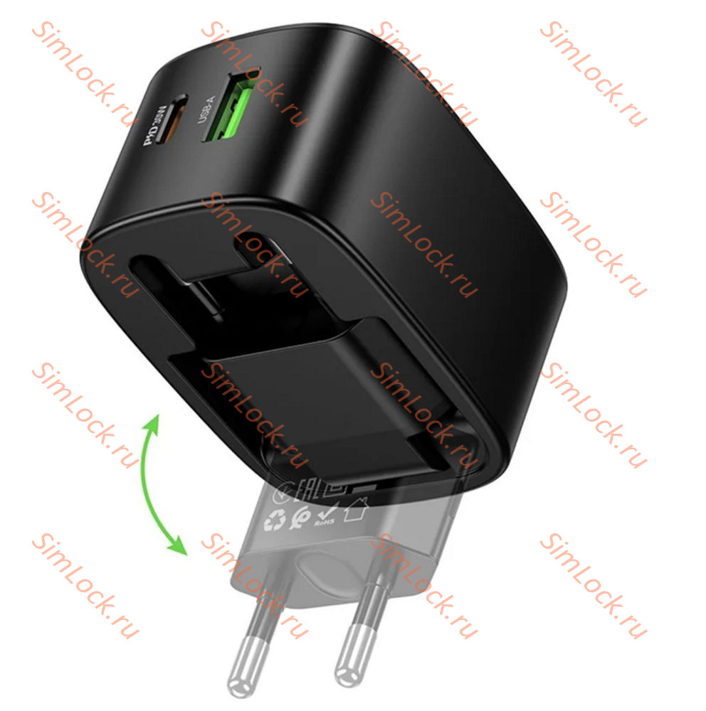 СЗУ HOCO CS102A, 3A, черный, USB и Type-C, PD30W, QC3.0