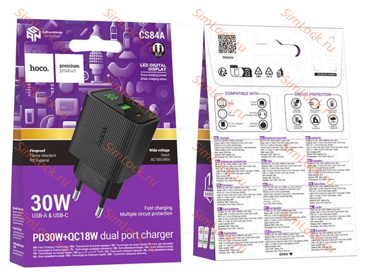СЗУ HOCO CS84A, 3A, черный, USB и Type-C, PD30W, QC3.0