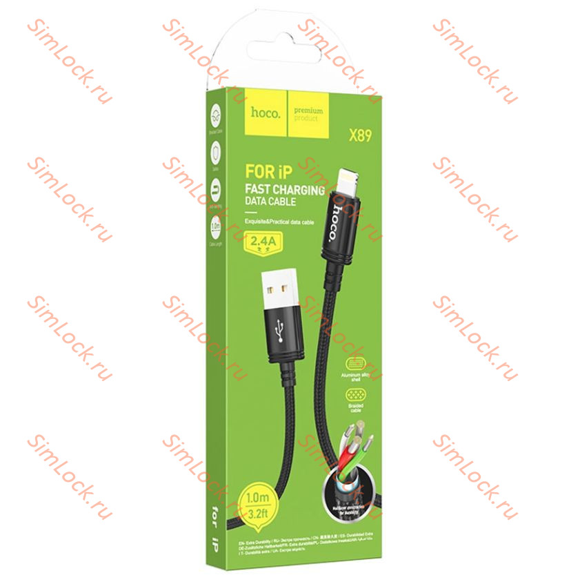 Кабель USB - Lightning HOCO X89, 2.4А, тканевая оплетка, 100см, черный