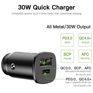 АЗУ Baseus Square metal A+C 30W PPS Car Charger, PD3.0, QC4.0, SCP, FCP, AFC, черный, CCALL-AS01
