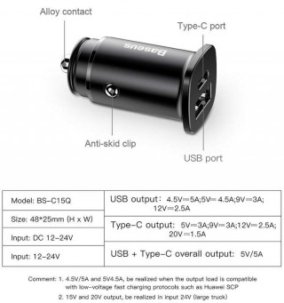 АЗУ Baseus Square metal A+C 30W PPS Car Charger, PD3.0, QC4.0, SCP, FCP, AFC, черный, CCALL-AS01