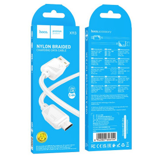 Кабель USB - micro USB HOCO X113, тканевая оплетка, 100см, 2.4А, белый