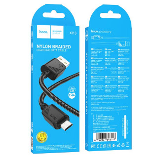 Кабель USB - micro USB HOCO X113, тканевая оплетка, 100см, 2.4А, черный